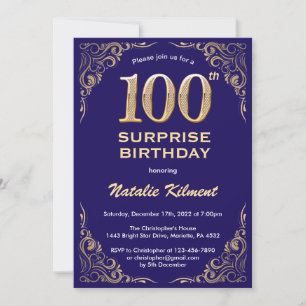 Surprise 100th Birthday Navy Blue and Gold Glitter Invitation