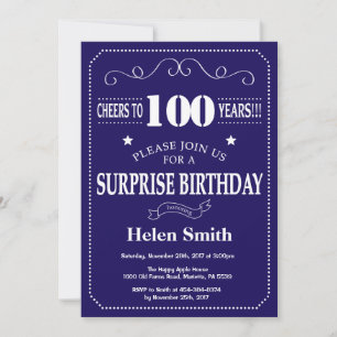 Surprise 100th Birthday Navy Blue and Whit Invitation