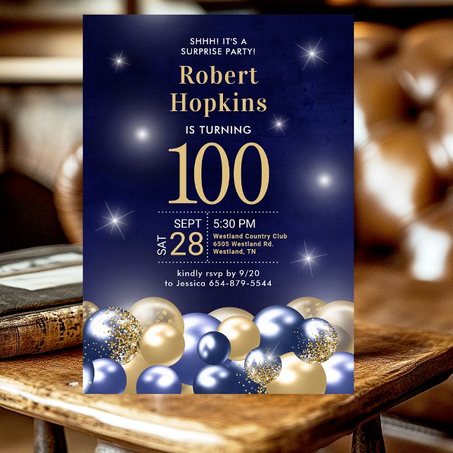 Surprise 100th Birthday Navy Blue Gold Balloons Invitation (Creator Uploaded)