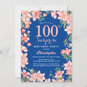 Surprise 100th Birthday Pink Floral Flowers Blue Invitation