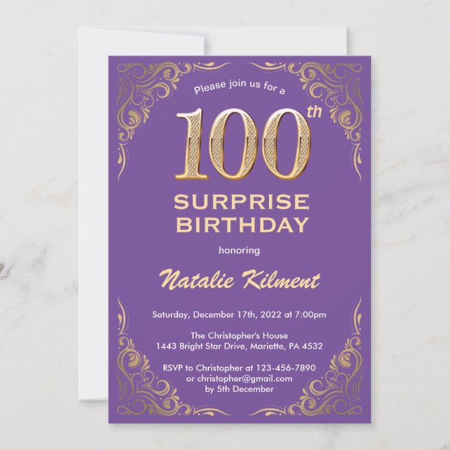 Surprise 100th Birthday Purple and Gold Glitter Invitation (Front)