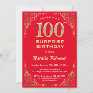 Surprise 100th Birthday Red and Gold Glitter Invitation