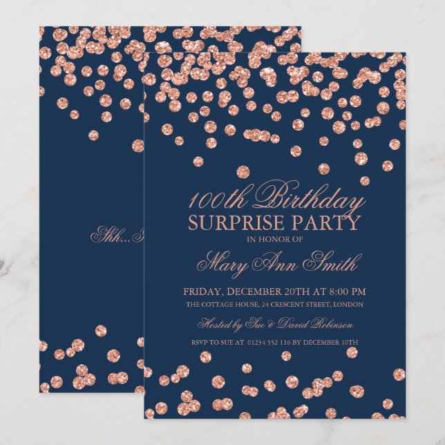Surprise 100th Birthday Rose Gold Glitter Navy Blu Invitation (Front/Back)