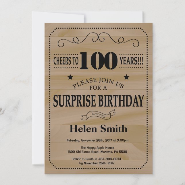 Surprise 100th Birthday Rustic Wood Invitation (Front)