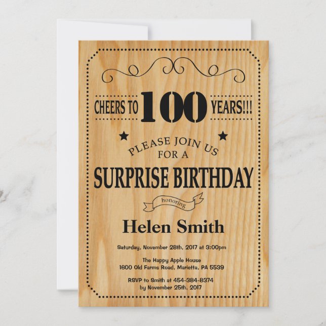 Surprise 100th Birthday Rustic Wood Invitation (Front)