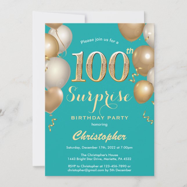 Surprise 100th Birthday Teal and Gold Balloons Invitation (Front)