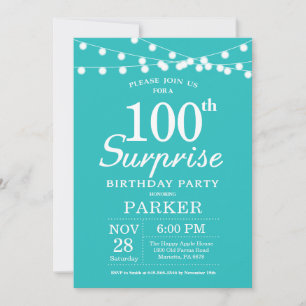Surprise 100th Birthday Teal Aqua Turquoise Invitation