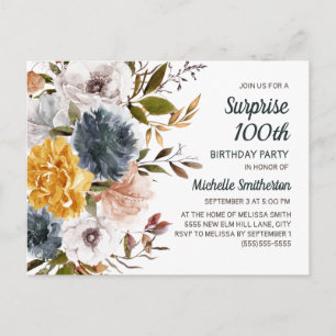 Surprise 100th Birthday Yellow Navy Blue Floral Postcard