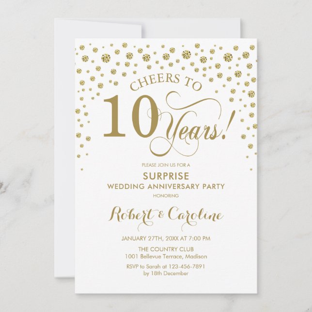 Surprise 10th Anniversary Celebration - Gold White Invitation (Front)