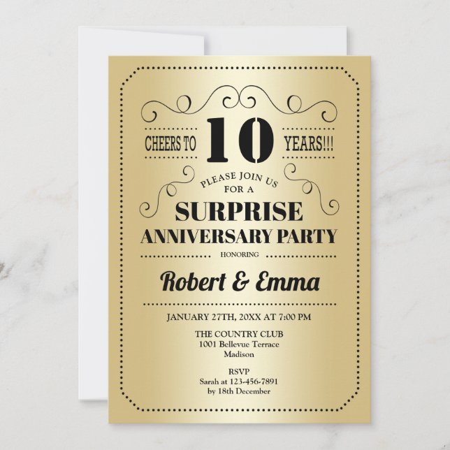 Surprise 10th Anniversary Party - Gold Black Invitation (Front)