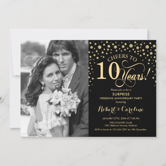 Surprise 10th Anniversary with Photo Black Gold Invitation (Front)