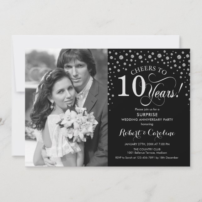 Surprise 10th Anniversary with Photo Black Silver Invitation (Front)