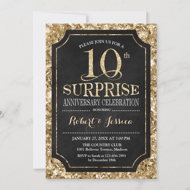Surprise 10th Wedding Anniversary - Black Gold Invitation (Front)
