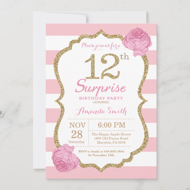 Surprise 12th Birthday Invitation Pink and Gold (Front)