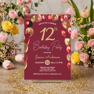 Surprise 12th Birthday Party Gold Burgundy Glitter Invitation