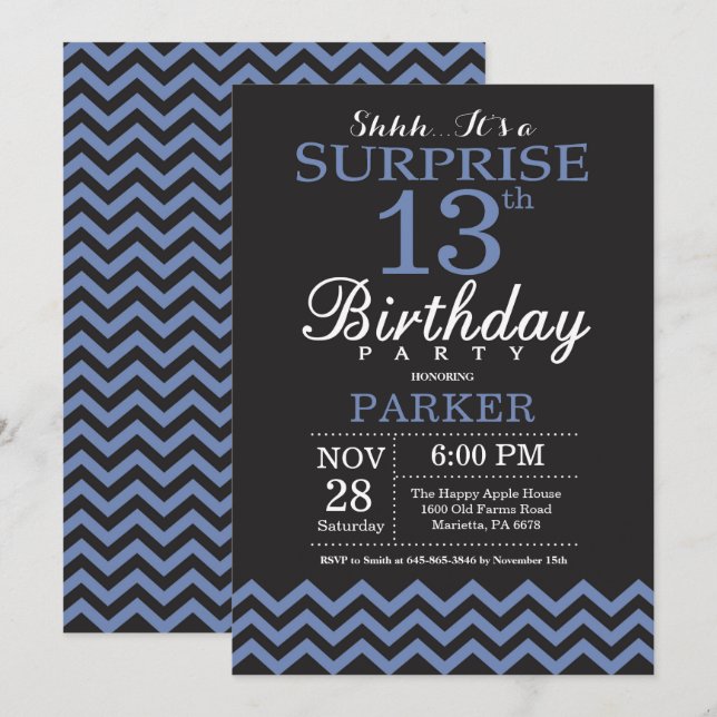 Surprise 13th Birthday Black and Blue Chevron Invitation (Front/Back)