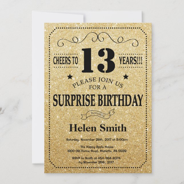 Surprise 13th Birthday Black and Gold Glitter Invitation (Front)