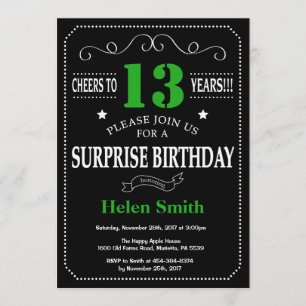 Surprise 13th Birthday Black and Green Chalkboard Invitation