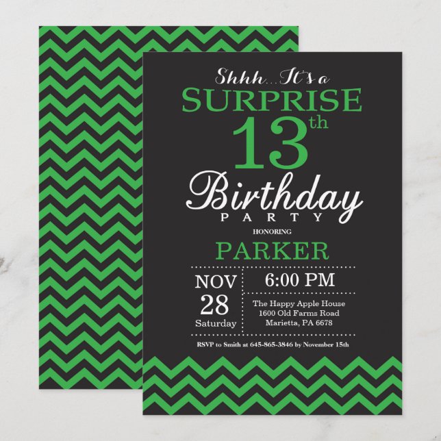 Surprise 13th Birthday Black and Green Chevron Invitation (Front/Back)