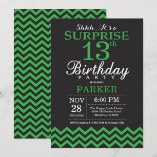 Surprise 13th Birthday Black and Green Chevron Invitation