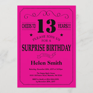 Surprise 13th Birthday Black and Hot Pink Invitation