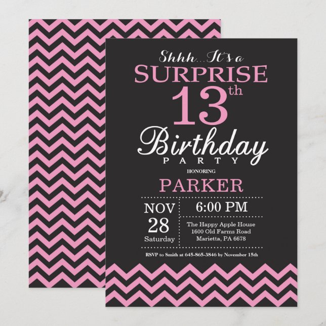 Surprise 13th Birthday Black and Pink Chevron Invitation (Front/Back)