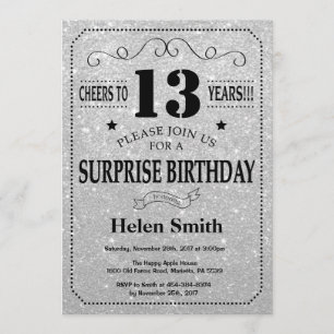 Surprise 13th Birthday Black and Silver Glitter Invitation