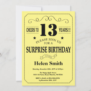 Surprise 13th Birthday Black and Yellow Invitation