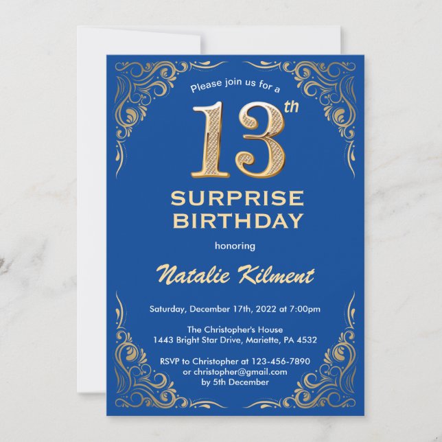 Surprise 13th Birthday Blue and Gold Glitter Invitation (Front)