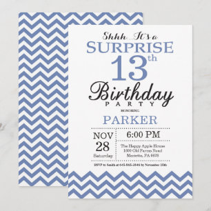 Surprise 13th Birthday Blue Chevron Invitation
