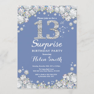 Surprise 13th Birthday Blue Silver Diamond Invitation