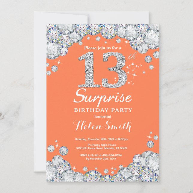 Surprise 13th Birthday Coral and Silver Diamond Invitation (Front)