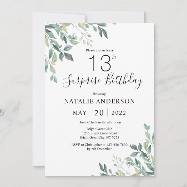 Surprise 13th Birthday Green Eucalyptus Greenery Invitation (Front)