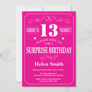 Surprise 13th Birthday Hot Pink and White Invitation