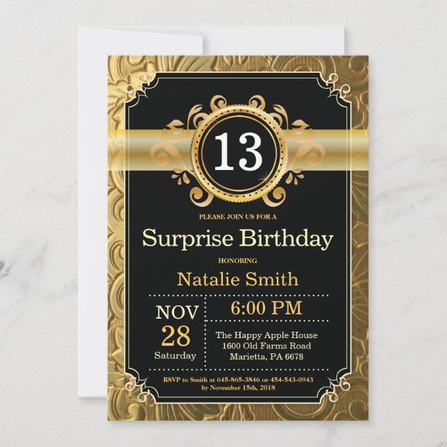 Surprise 13th Birthday Invitation Black and Gold (Front)