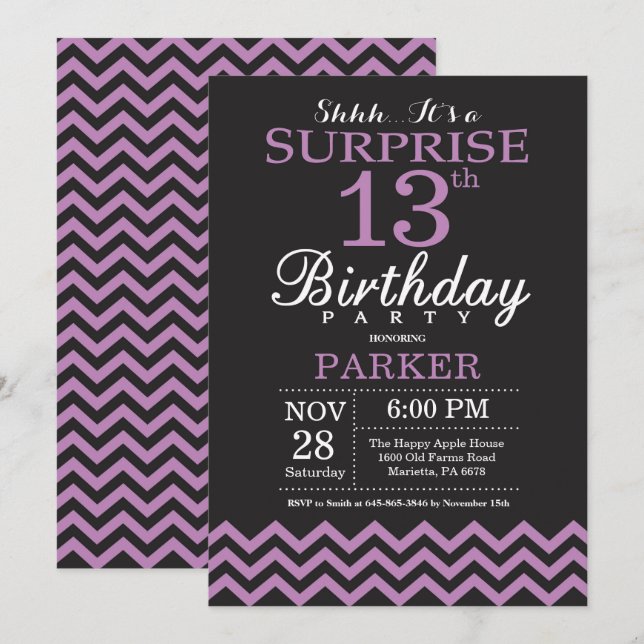 Surprise 13th Birthday Invitation Black and Purple (Front/Back)