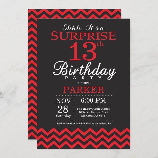 Surprise 13th Birthday Invitation Black and Red (Front/Back)