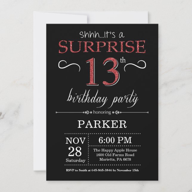 Surprise 13th Birthday Invitation Black and Red (Front)