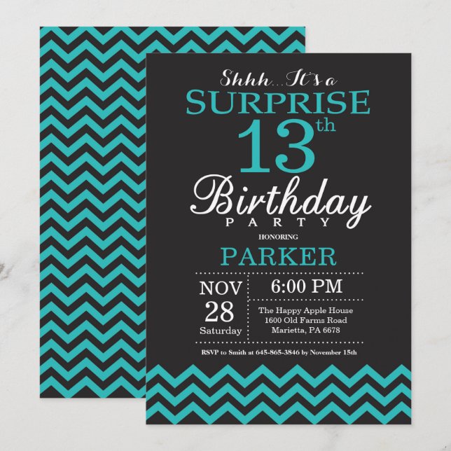 Surprise 13th Birthday Invitation Black and Teal (Front/Back)
