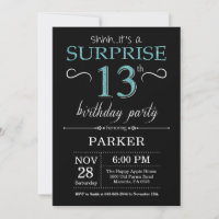 Surprise 13th Birthday Invitation Black and Teal