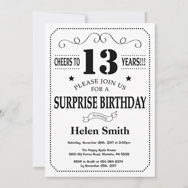 Surprise 13th Birthday Invitation Black and White (Front)