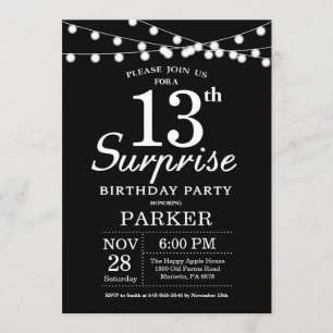 Surprise 13th Birthday Invitation Black and White