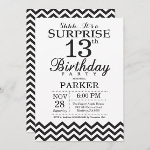Surprise 13th Birthday Invitation Black Chevron