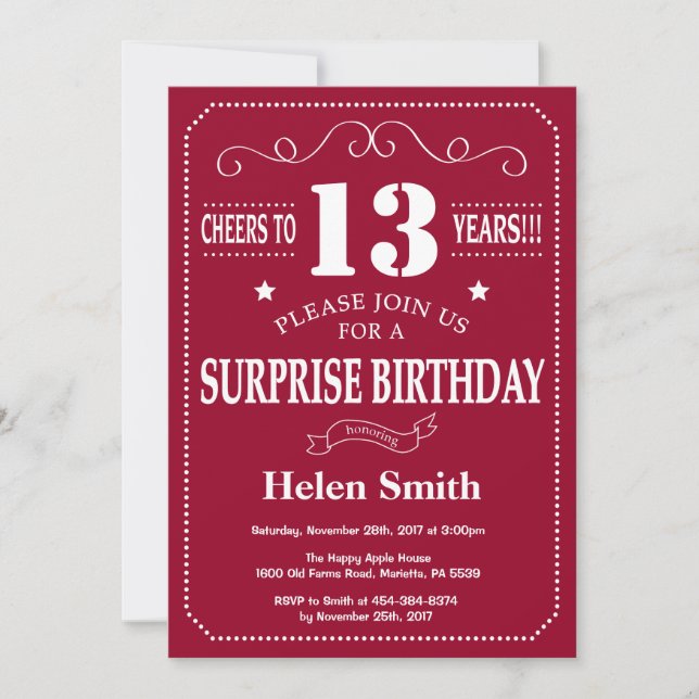 Surprise 13th Birthday Invitation Burgundy Red (Front)