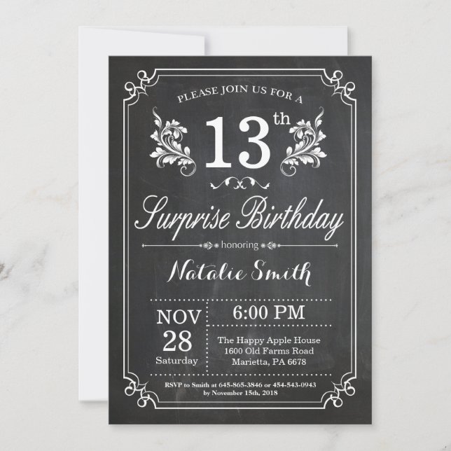 Surprise 13th Birthday Invitation Chalkboard (Front)