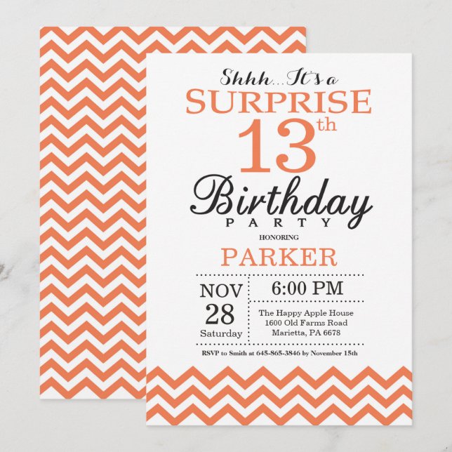 Surprise 13th Birthday Invitation Coral Chevron (Front/Back)