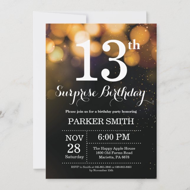Surprise 13th Birthday Invitation Gold Glitter (Front)