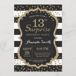Surprise 13th Birthday Invitation. Gold Glitter Invitation