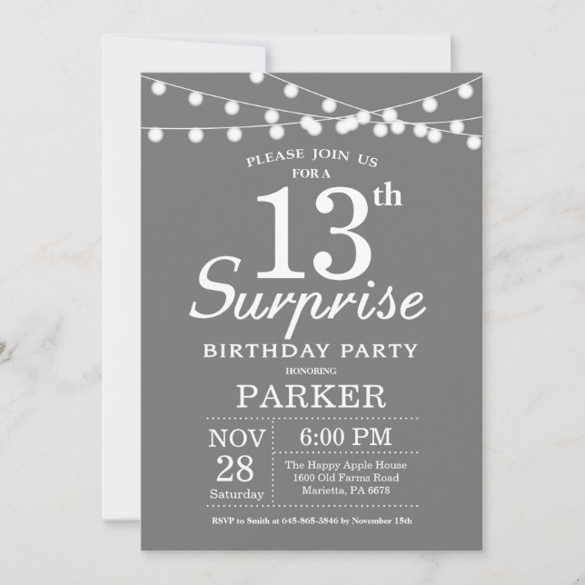 Surprise 13th Birthday Invitation Grey and White (Front)