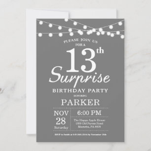 Surprise 13th Birthday Invitation Grey and White